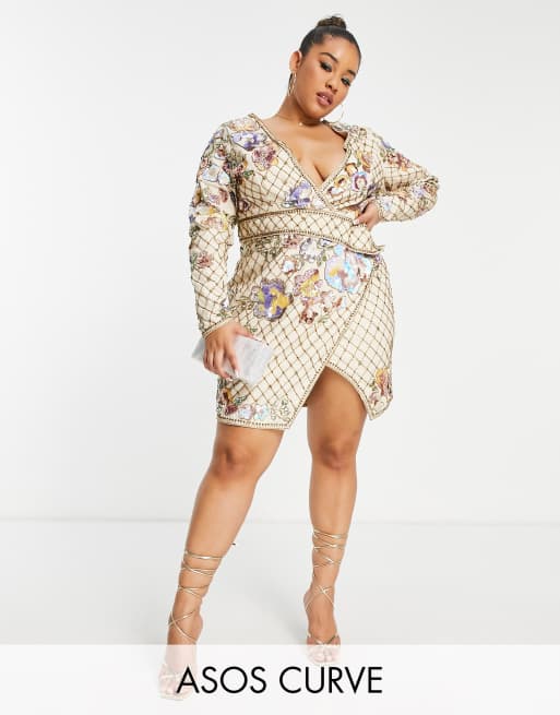 ASOS DESIGN Curve - Vestito corto in twill strutturato con decorazione Art Nouveau