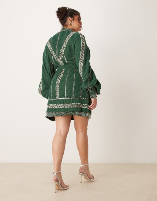 ASOS DESIGN Curve - Vestito corto in velluto con cintura e decorazioni verde bosco, 2 di 4