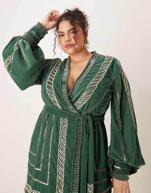 ASOS DESIGN Curve - Vestito corto in velluto con cintura e decorazioni verde bosco, 4 di 4