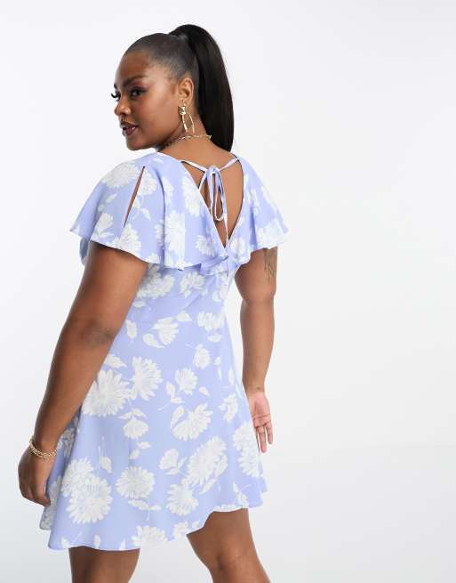 ASOS DESIGN Curve - Vestito corto lilla a fiori con bottoni e maniche con volant, 2 di 4