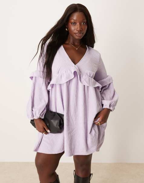 ASOS DESIGN Curve - Vestito corto lilla a grembiule a coste con volant - view 1