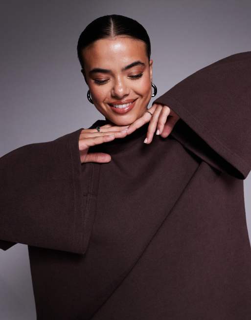 ASOS DESIGN Curve - Vestito corto morbidissimo color cioccolato con maniche ampie, 3 di 4