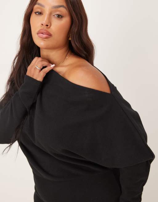 ASOS DESIGN Curve - Vestito corto morbidissimo nero a maniche lunghe con spalla scivolata, 3 di 4