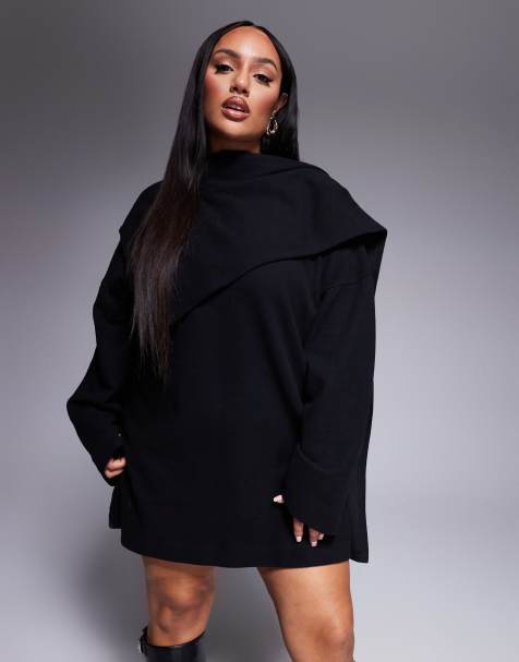 ASOS DESIGN Curve - Vestito corto nero con sciarpa avvolgente al collo - view 1
