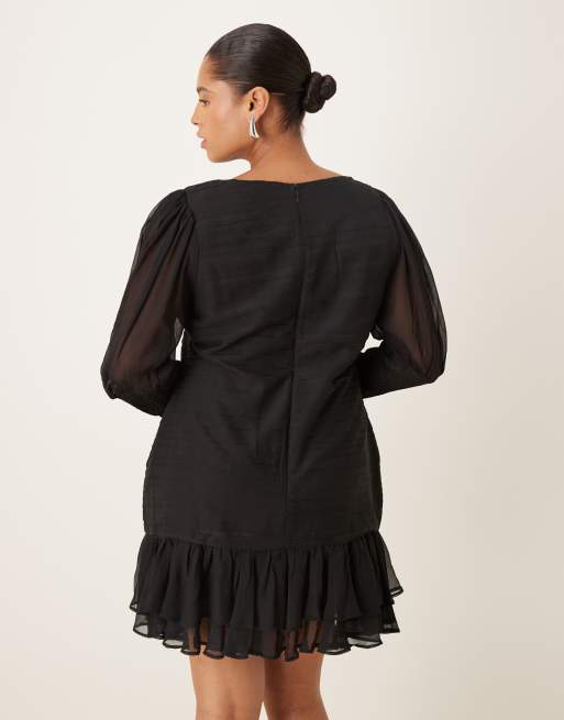 ASOS DESIGN Curve - Vestito corto nero con scollo a barchetta, vita scesa e maniche arricciate, 3 di 4