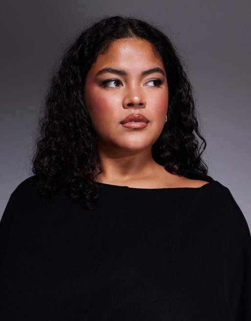 ASOS DESIGN Curve - Vestito corto nero morbidissimo con scollo a barchetta e maniche ad ali di pipistrello, 3 di 4