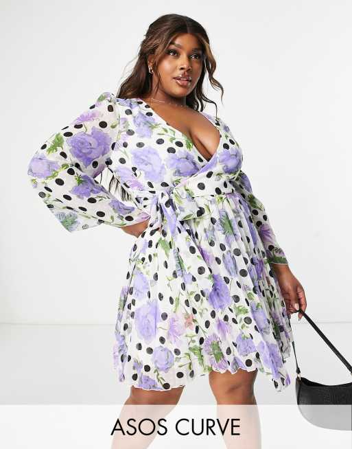 ASOS DESIGN Curve - Vestito corto plumetis a pieghe con stampa floreale a pois