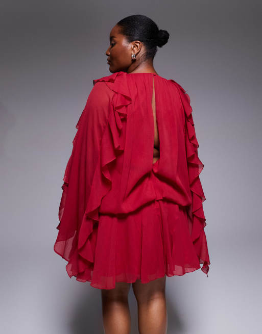 ASOS DESIGN Curve - Vestito corto rosso ciliegia extra largo sui fianchi con godet e maniche con volant, 4 di 4