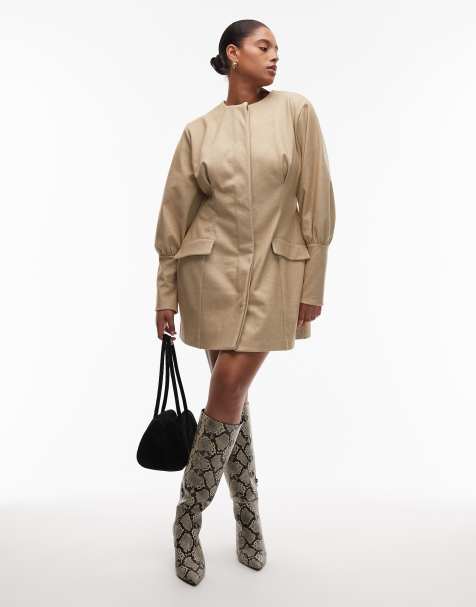 ASOS DESIGN Curve - Vestito corto stile blazer strutturato color pietra con maniche a sbuffo - view 1