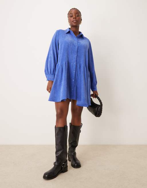 ASOS DESIGN Curve - Vestito corto stile grembiule in tessuto a coste color blu mare con fondo peplo 