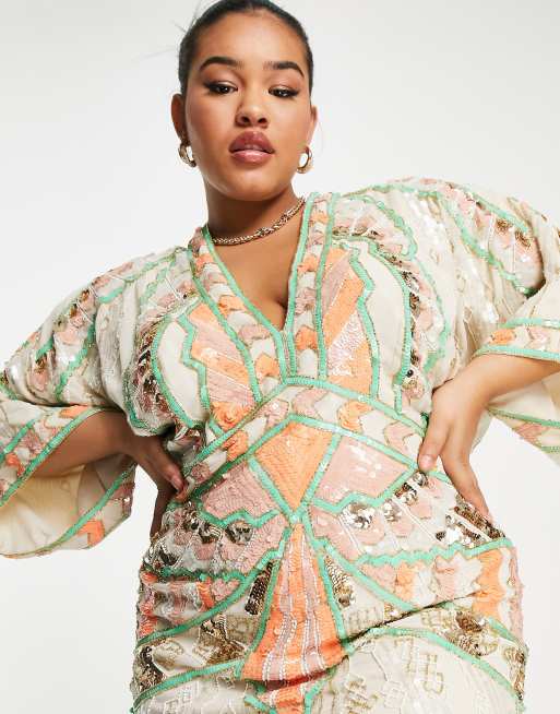 ASOS DESIGN Curve - Vestito corto stile kimono colorato con paillettes , 3 di 4