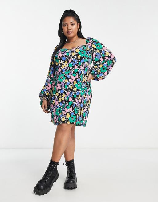 ASOS DESIGN Curve - Vestito da giorno corto multicolore con stampa a macchie e maniche svasate