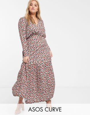 Vestito Da Giorno Lungo A Maniche Lunghe Rosa Con Stampa A Fiori Asos Design Curve Multicolore Donna