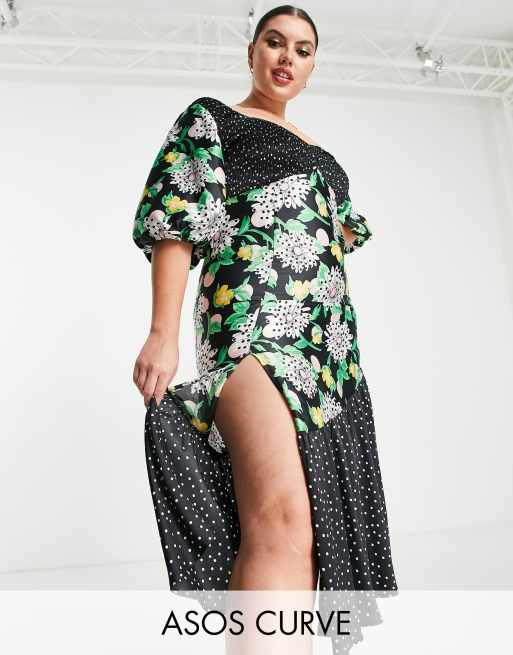 ASOS DESIGN Curve - Vestito da giorno midi arricciato con stampa mista e maniche a palloncino