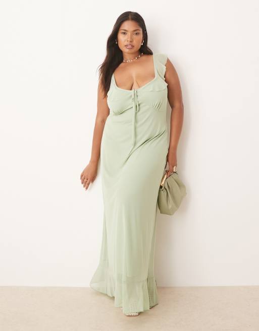 ASOS DESIGN Curve - Vestito da giorno midi con volant in rete doppiata color salvia