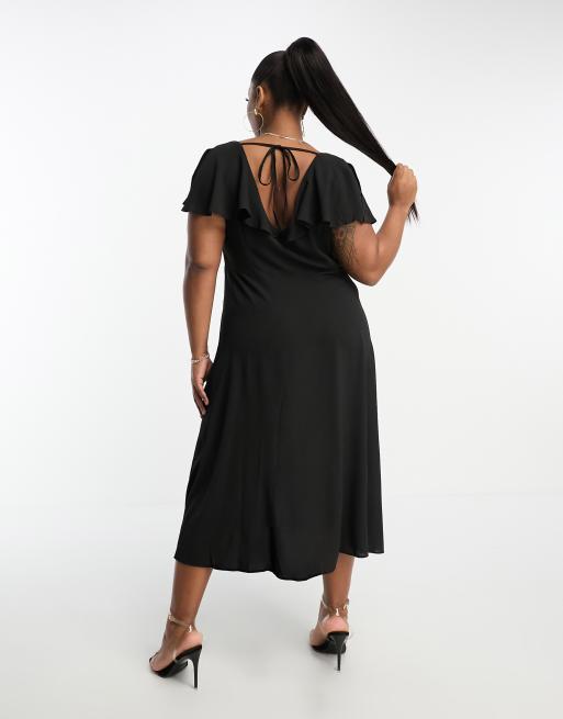 ASOS DESIGN Curve - Vestito da giorno midi nero con bottoni e maniche con volant, 2 di 4