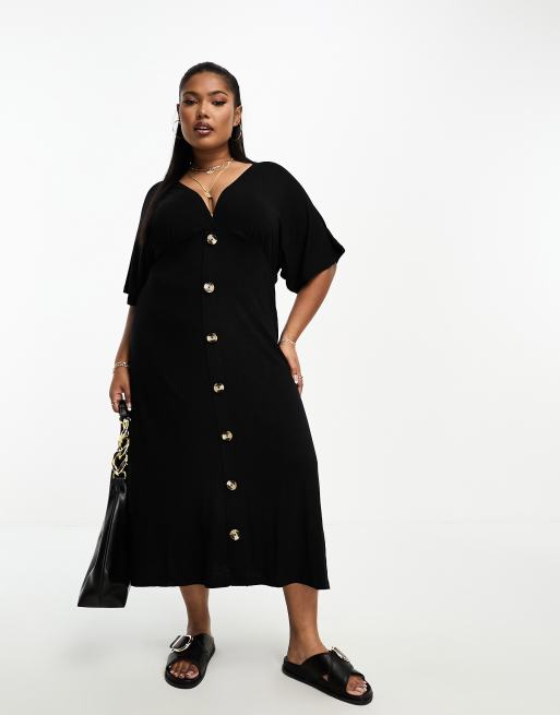 ASOS DESIGN Curve - Vestito da giorno midi nero con bottoni e maniche con volant, 3 di 4
