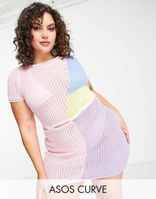 ASOS DESIGN Curve - Vestito da mare 2 in 1 in cotone color block in coordinato