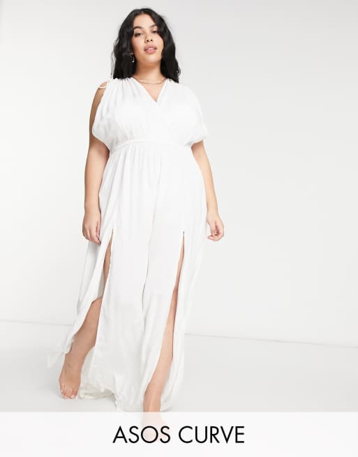 ASOS DESIGN Curve - Vestito da mare lungo raccolto in vita bianco 