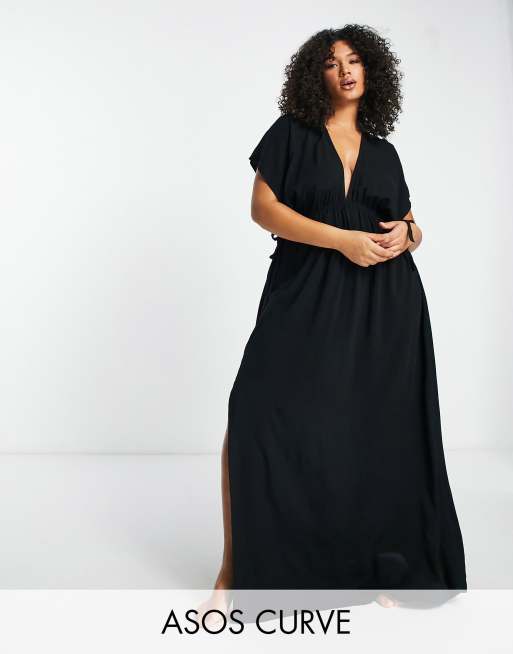 ASOS DESIGN Curve - Vestito da mare nero lungo con maniche con volant e coulisse allacciata in vita 