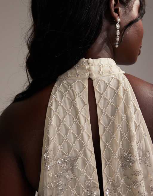 ASOS DESIGN Curve - Vestito da sposa lungo allacciato al collo con decorazioni floreali e orlo con frange, 4 di 6