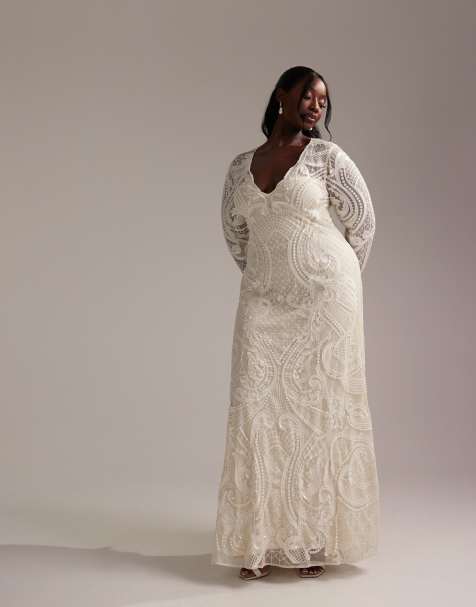 ASOS DESIGN Curve - Vestito da sposa lungo color avorio a maniche lunghe con scollo profondo e ricamo - view 1