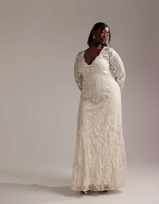 ASOS DESIGN Curve - Vestito da sposa lungo color avorio a maniche lunghe con scollo profondo e ricamo