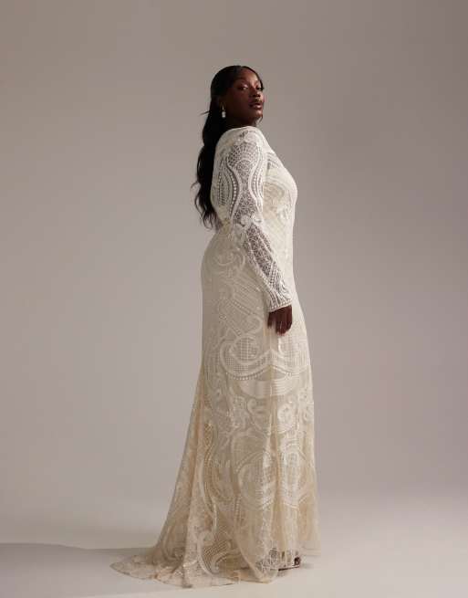 ASOS DESIGN Curve - Vestito da sposa lungo color avorio a maniche lunghe con scollo profondo e ricamo, 5 di 6