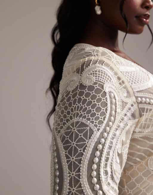 ASOS DESIGN Curve - Vestito da sposa lungo color avorio a maniche lunghe con scollo profondo e ricamo, 6 di 6