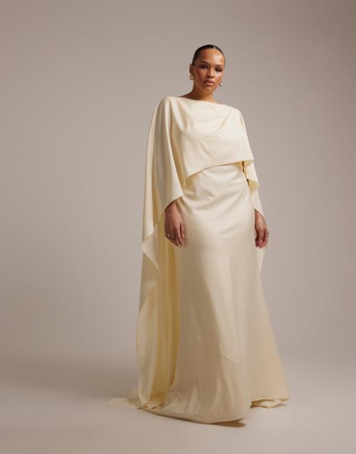 ASOS DESIGN Curve - Vestito da sposa lungo color avorio con mantella e schiena scoperta