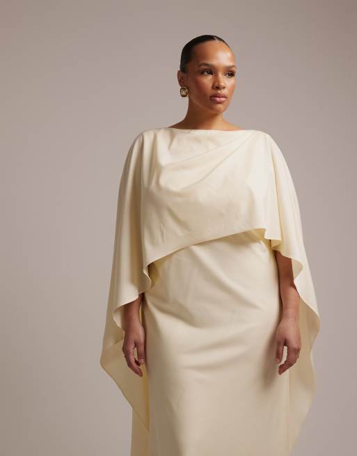 ASOS DESIGN Curve - Vestito da sposa lungo color avorio con mantella e schiena scoperta, 4 di 5