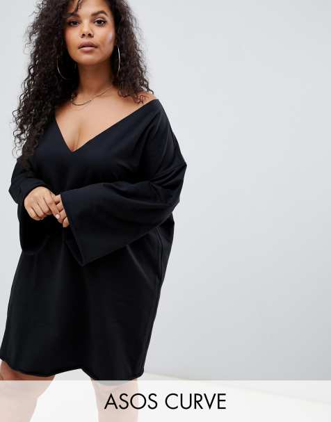 ASOS DESIGN Curve - Vestito felpa con bordi grezzi e scollo a V fronte e retro