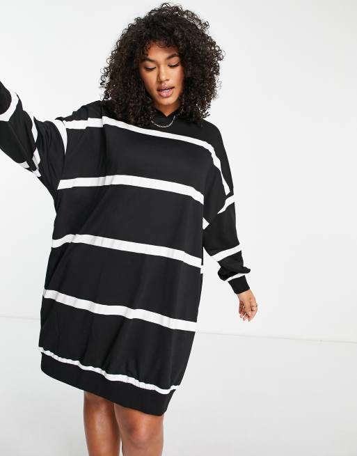 ASOS DESIGN Curve - Vestito felpa corto con cappuccio nero e bianco a righe, 3 di 4