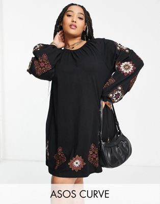 ASOS DESIGN Curve long sleeve mini smock dress with cross stitch embroidery in black - ASOS Price Checker