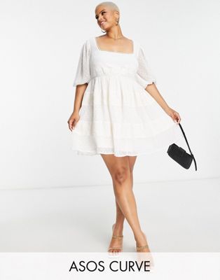 ASOS DESIGN Curve embroidered square neck mini smock dress in cream - ASOS Price Checker