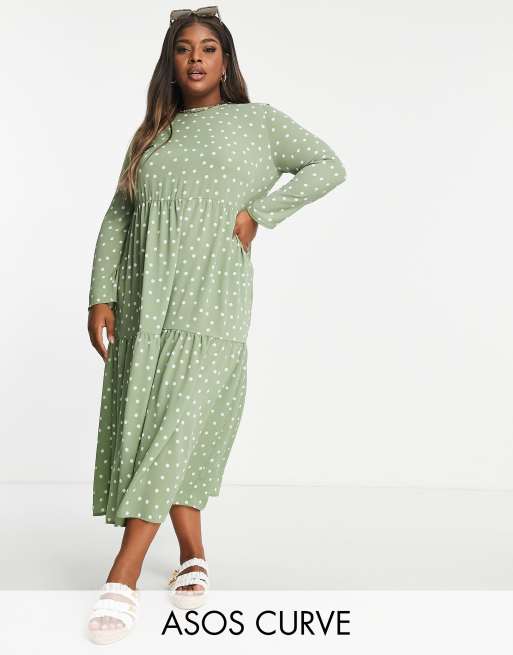 ASOS DESIGN Curve - Vestito grembiule longuette a balze a maniche lunghe verde salvia a pois