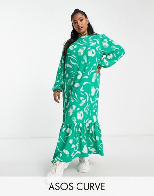ASOS DESIGN Curve mixed print high neck smock maxi dress in green abstract print - ASOS Price Checker