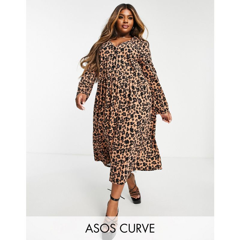 Vestiti Donna DESIGN Curve - Vestito grembiule midi a maniche lunghe con bottoni e stampa leopardata