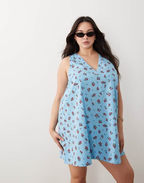 ASOS DESIGN Curve - Vestito grembiule midi in cotone e lino blu a fiori con scollo a V - view 1