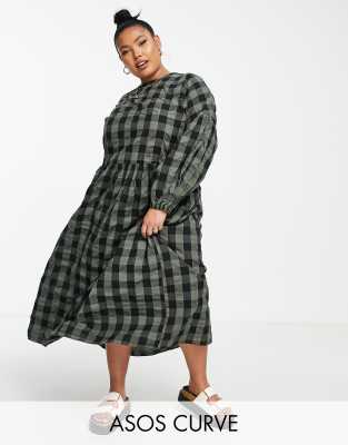 ASOS DESIGN Curve - Vestito grembiule midi super oversize con spalle scivolate, colore verde kaki a quadretti