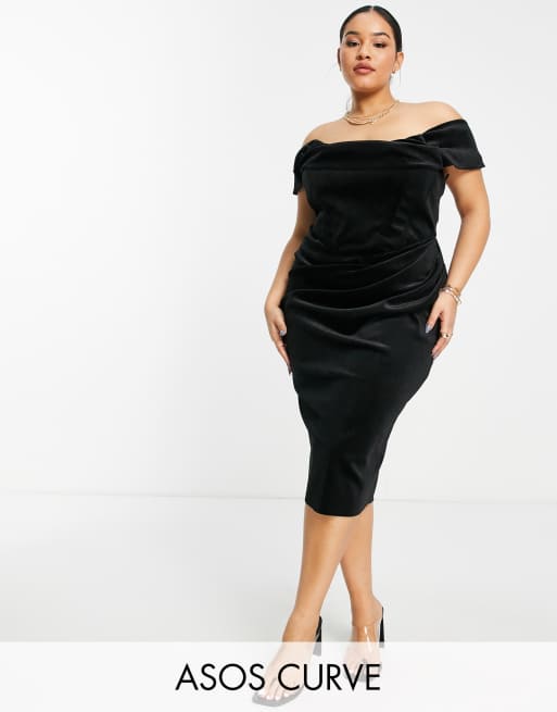 ASOS DESIGN Curve - Vestito longuette midi drappeggiato con scollo Bardot e corsetto in velluto nero