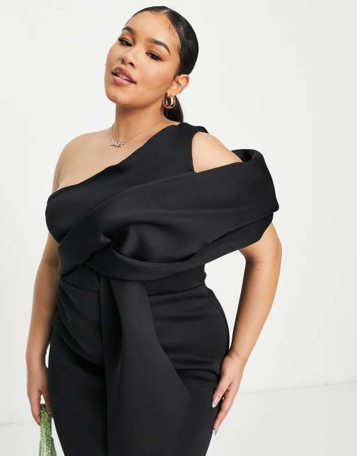 ASOS DESIGN Curve - Vestito longuette midi monospalla nero, 4 di 4