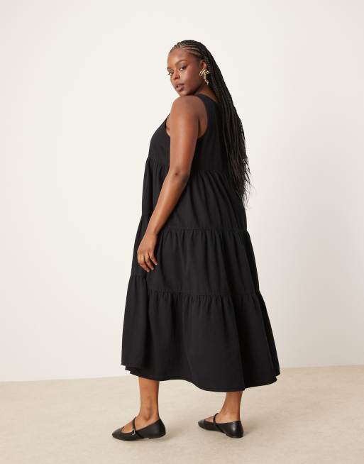 ASOS DESIGN Curve Vestito lungo a balze in denim morbido nero ASOS