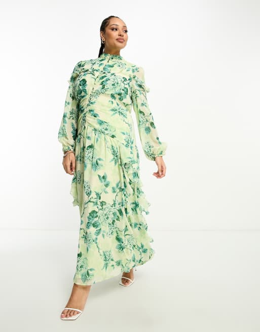 ASOS DESIGN Curve - Vestito lungo a fiori con corpino arricciato, bottoni e volant