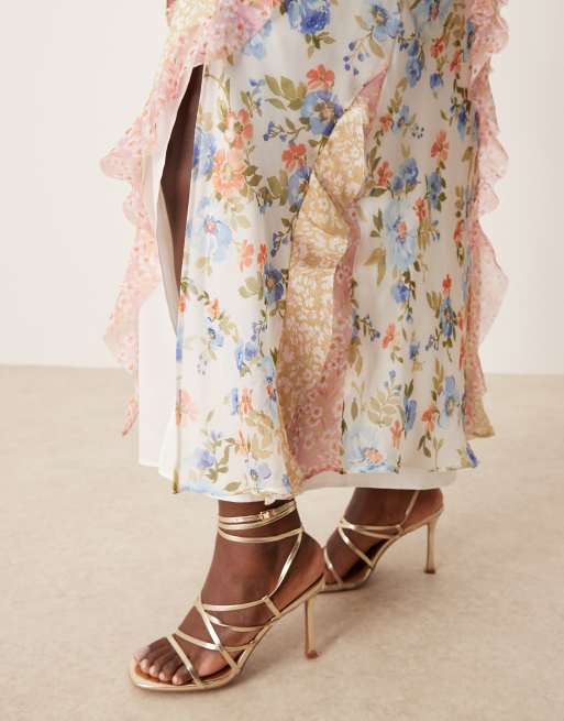 ASOS DESIGN Curve - Vestito lungo a fiori misti con cuciture e volant, 4 di 4
