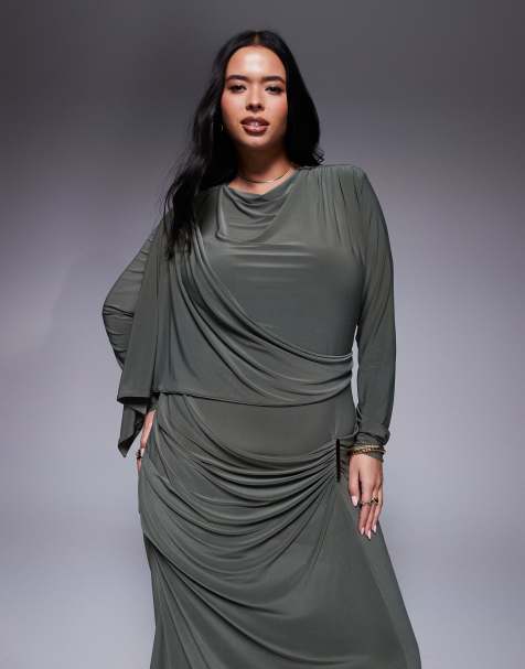 ASOS DESIGN Curve - Vestito lungo a maniche lunghe drappeggiato kaki con gonna arricciata e drappeggio - view 1
