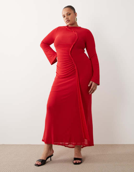 ASOS DESIGN Curve - Vestito lungo a maniche lunghe in rete rosso con dettaglio attorcigliato