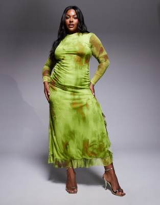 ASOS DESIGN Curve - Vestito lungo a maniche lunghe in rete verde con stampa e volant - view 1