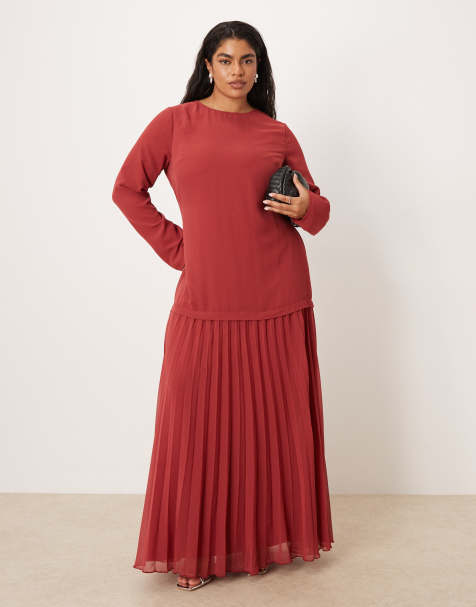ASOS DESIGN Curve - Vestito lungo a maniche lunghe rosso intenso con gonna a pieghe - view 1