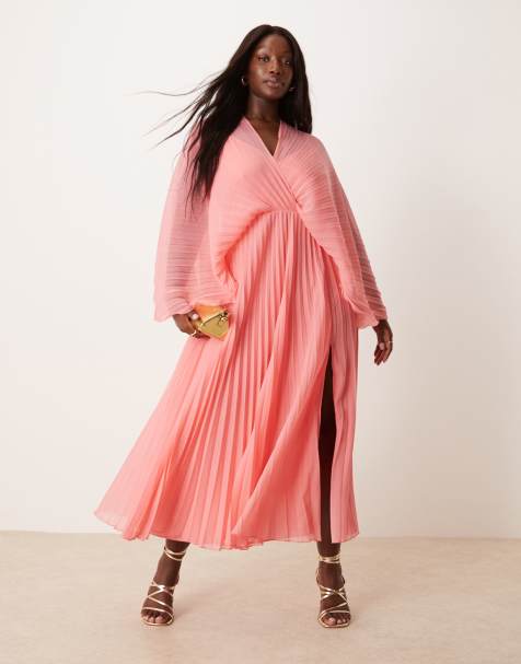 ASOS DESIGN Curve - Vestito lungo a pieghe rosa con dettaglio a mantella - view 1